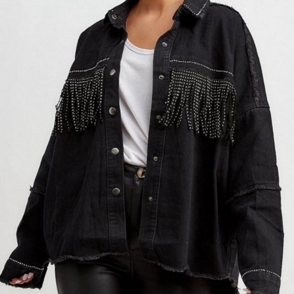 NWT Zara black washed jean jacket with glitter fringe
